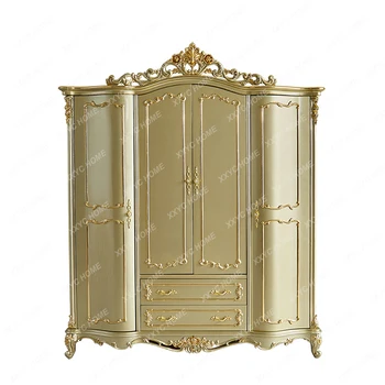 Мебель для виллы, Резное дерево в европейском стиле, Роскошный четырехдверный шкаф-купе, Французский шкаф-купе, шкафчик для принцессы, Шампанское, золото