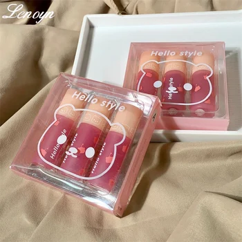 Lenoyn Powder Mist Little Bear Lip Clay Set Box Набор из трех Упаковок Mist Face Бархатная Матовая Легко Наносимая Глазурь Для Губ Красочная Глина Для губ