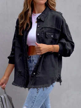 Стильная контрастная джинсовая куртка с лацканами, рваным низом и передними карманами - Женское модное пальто для дальнобойщиков на пуговицах с длинным рукавом