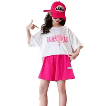Спортивная одежда для девочек, летняя корейская футболка с коротким рукавом + шорты, комплект одежды для школьников и подростков, повседневные детские спортивные костюмы