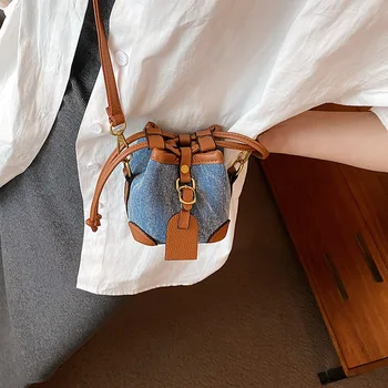 Осень 2023 г. Новая модная мини детская клетчатая джинсовая сумка на шнурке Женская сумка