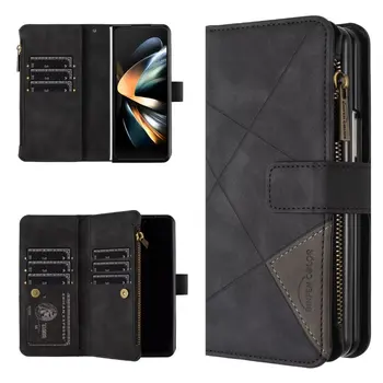 Для Samsung Galaxy Z Fold 5 Чехол-бумажник, кожаные чехлы с магнитным ромбом, Z Fold 4, 3 Откидная застежка-молния, держатель для карт, карманный чехол для телефона
