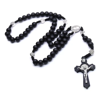 N0HB Четки для ожерелья с подвеской в виде креста Старинные деревянные четки для ожерелья с крестом Старинные католические религиозные украшения для молитвы