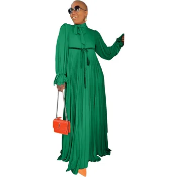 Весенне-Летнее Женское Плиссированное Платье С Длинным Рукавом Maxi Vestido Зеленые Черные Модные Платья