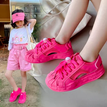 Летняя новая спортивная обувь для девочек с мягкой подошвой из сетчатого материала Candy, детская дышащая обувь с полой головкой в виде ракушки