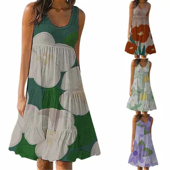 Женское длинное платье с высокой талией, завязанное набивными узорами, с круглым вырезом, милые платья для женщин на лето
