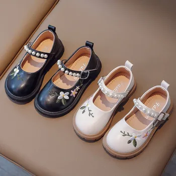 Обувь с цветочной вышивкой для девочек, Детские туфли-оксфорды, Детские кожаные туфли на платформе, винтажные туфли без каблуков с жемчугом Mary Janes Tree 331A