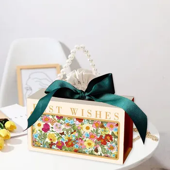 Свадебные сувениры Коробки для подарков невесте с лентой, Бумажные пакеты с жемчужной ручкой, сумки для подарков на свадьбу, День рождения, Зеленые Рождественские подарки