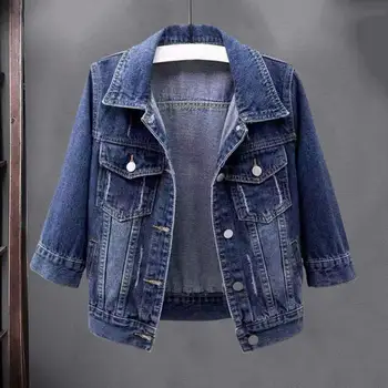 Демисезонная Женская джинсовая куртка с отворотом, рукав 3/4, Карманы с клапанами, джинсовое пальто, однобортное повседневное короткое пальто, Женская верхняя одежда