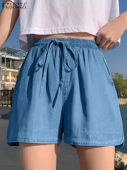 ZANZEA, модные летние шорты, женские джинсовые синие брюки с эластичной резинкой на талии, повседневные Свободные пляжные брюки, однотонные винтажные праздничные брюки