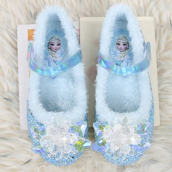 Плюшевые тапочки для девочек Disney, замороженные Милые детские хлопчатобумажные тапочки принцессы Эльзы, детские зимние домашние розово-голубые туфли, Размер 23