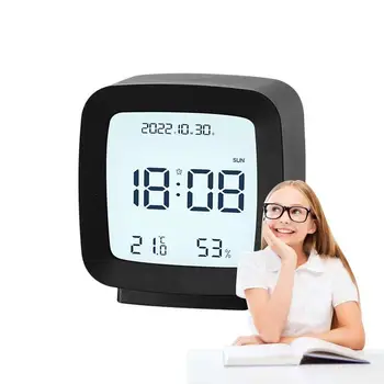 Будильник Цифровые ЖК-часы с индикацией температуры и влажности для спальни, голосовое управление, ночник