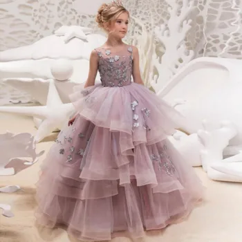 Пышное тюлевое кружевное платье с 3D аппликацией в виде бабочки для девочек в цветочек для свадьбы, детские платья для первого причастия на день рождения в стиле ретро