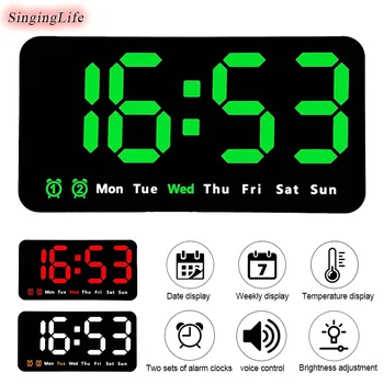 Светодиодный цифровой настенный будильник, Часы с датой, неделей, температурой, 2 будильника, голосовое управление, регулировка яркости, электронные часы