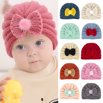 Новые осенне-зимние теплые детские шапочки с твердым бантом, вязаная шапка для новорожденных, тюрбан для девочек и мальчиков, детские шапочки для малышей, детские аксессуары